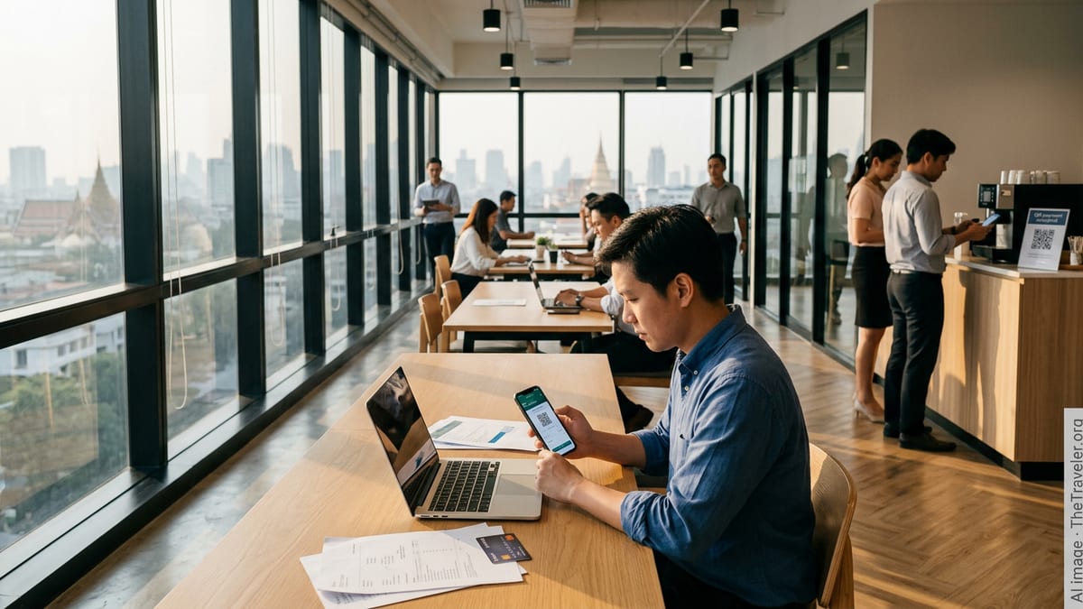 Professional in Bangkok coworking space using a Thai mobile banking app on a smartphone.