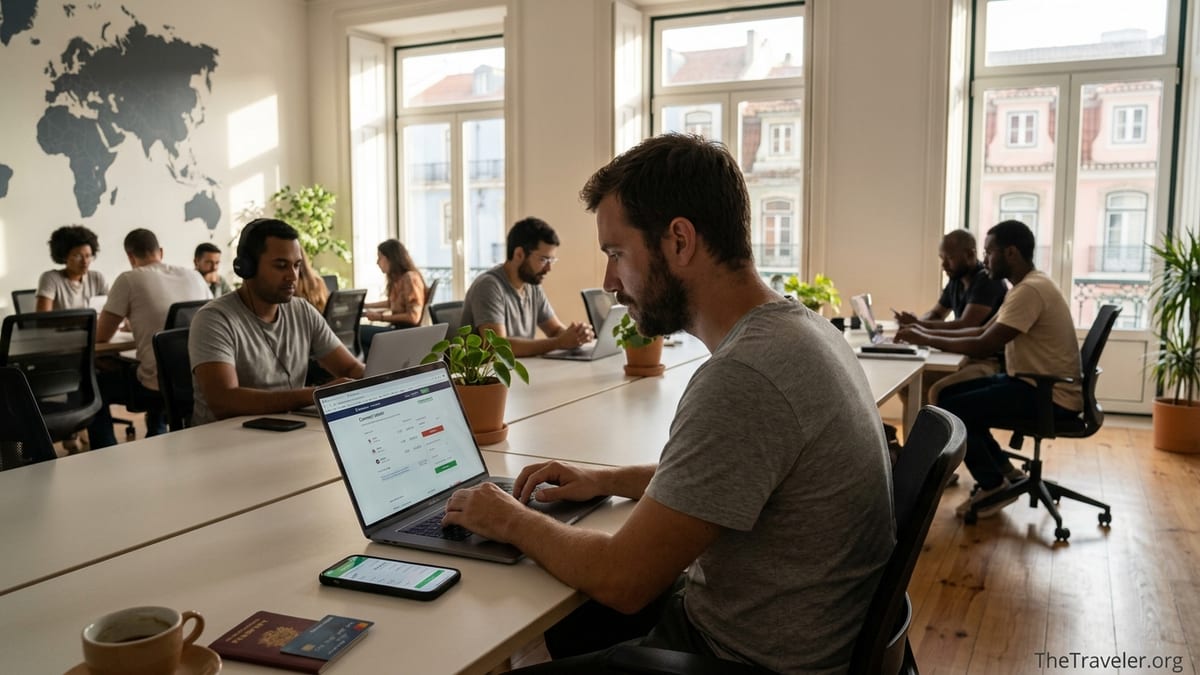 Digital nomad in a Lisbon coworking space managing an online international money transfer.