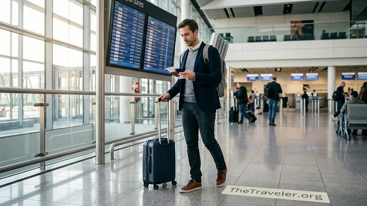 Frequent traveler with carry-on bag walking through a bright airport terminal.