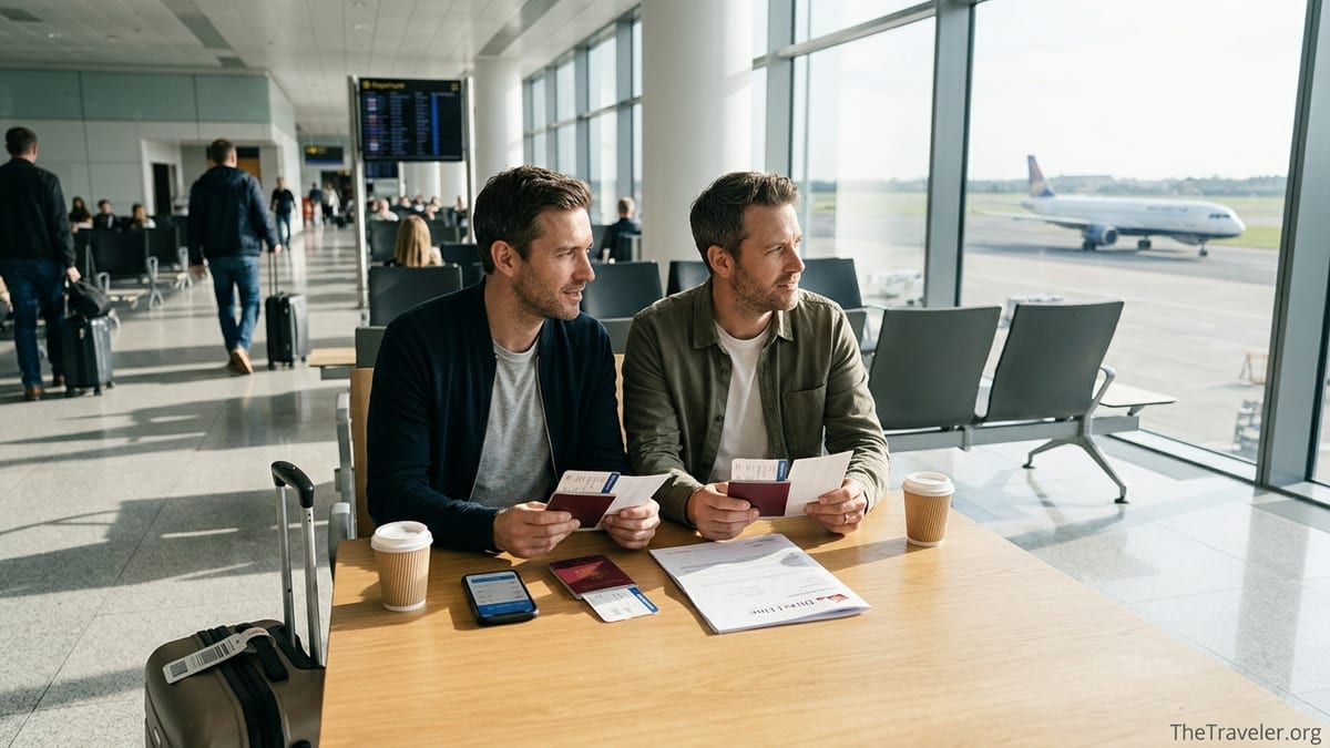 Couple reviewing travel insurance documents at an airport departure lounge window.