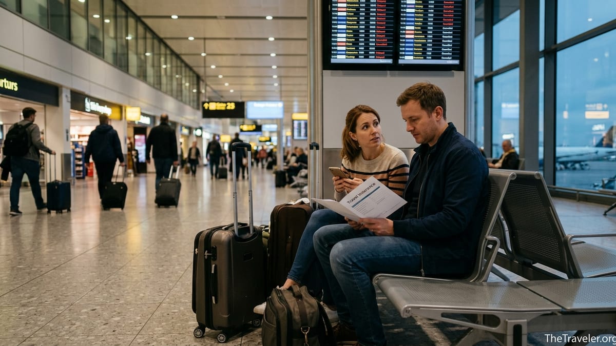 Couple at an airport checking travel insurance documents after flight delays