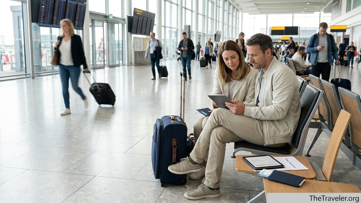 Travellers in a bright airport lounge reviewing travel insurance documents on a tablet.