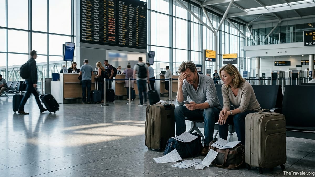 Frustrated travelers in a busy airport departure hall surrounded by luggage and delay notices.