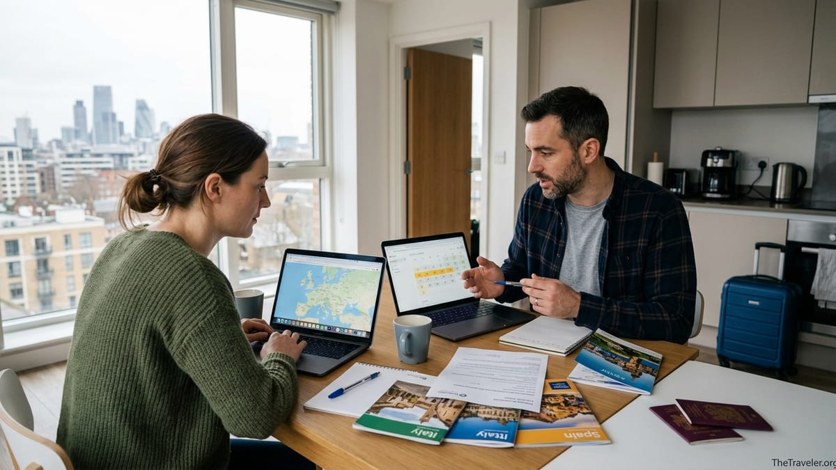 Couple at a kitchen table comparing UK travel insurance before a holiday.