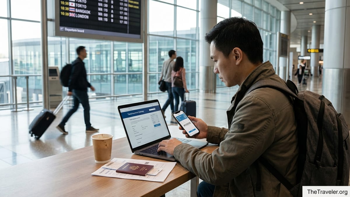 Family at Changi Airport counter reviewing travel insurance documents before departure