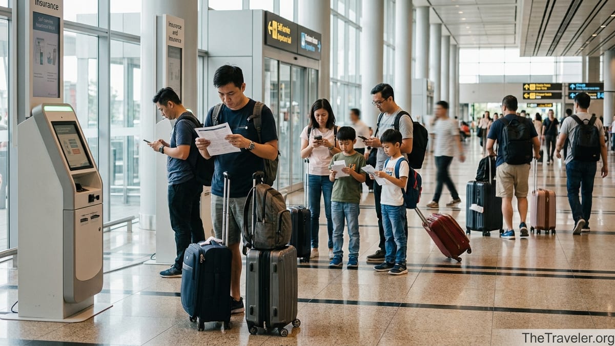Travelers checking documents and phones near a kiosk at an airport departure hall.