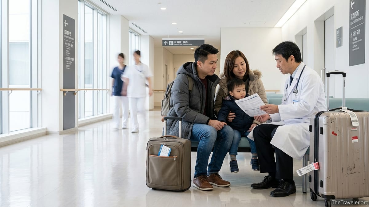 Family speaking with a doctor in an overseas hospital corridor with luggage nearby.