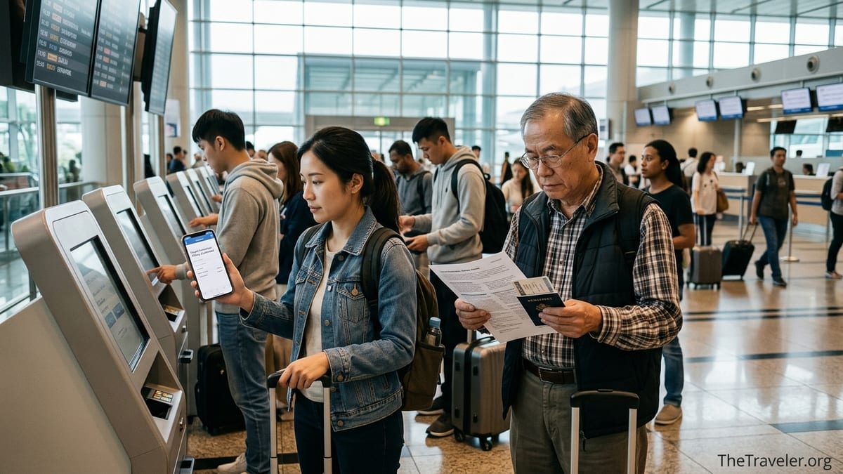 Travellers at Changi Airport reviewing travel insurance on a phone before departure.