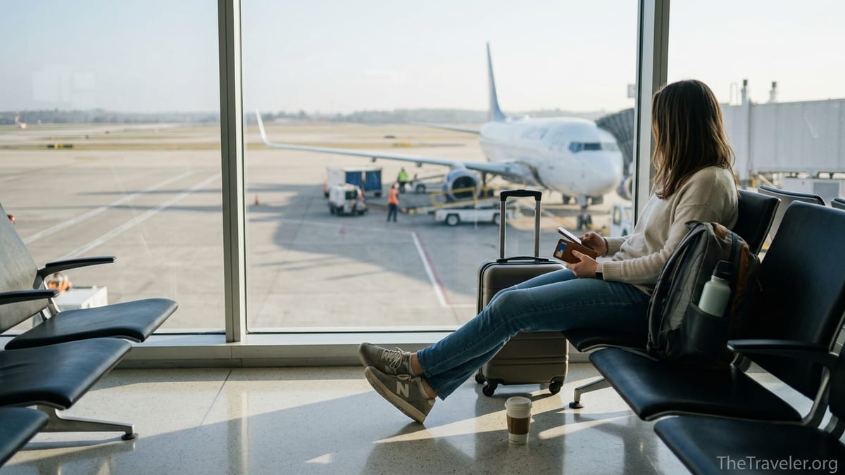 Casual traveler with carry-on luggage sitting by an airport window watching a plane on the tarmac.