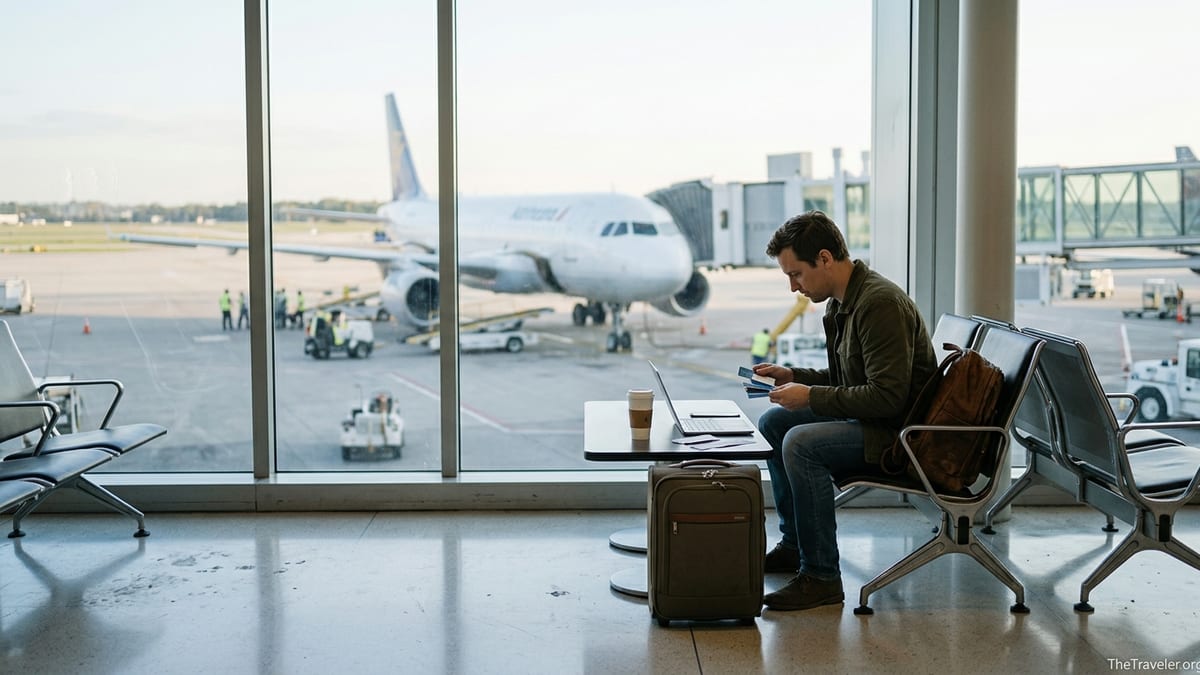 Traveler in an airport gate comparing credit cards beside luggage and laptop.
