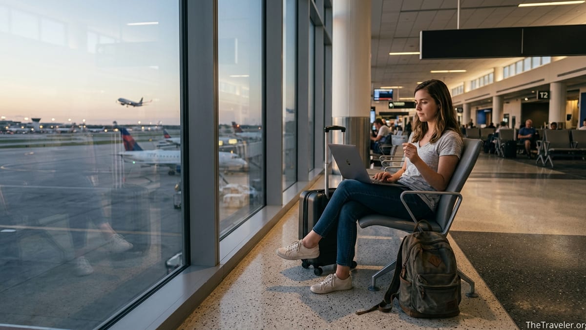 Traveler at airport lounge reviewing Discover credit card rewards on laptop at sunset.