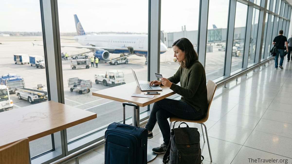 Traveler in airport lounge reviewing credit card and laptop with plane outside window.