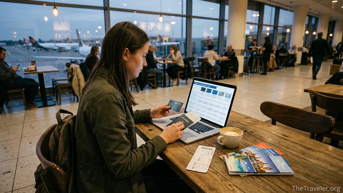 Traveler in an airport café reviewing a Discover it Miles card before a flight