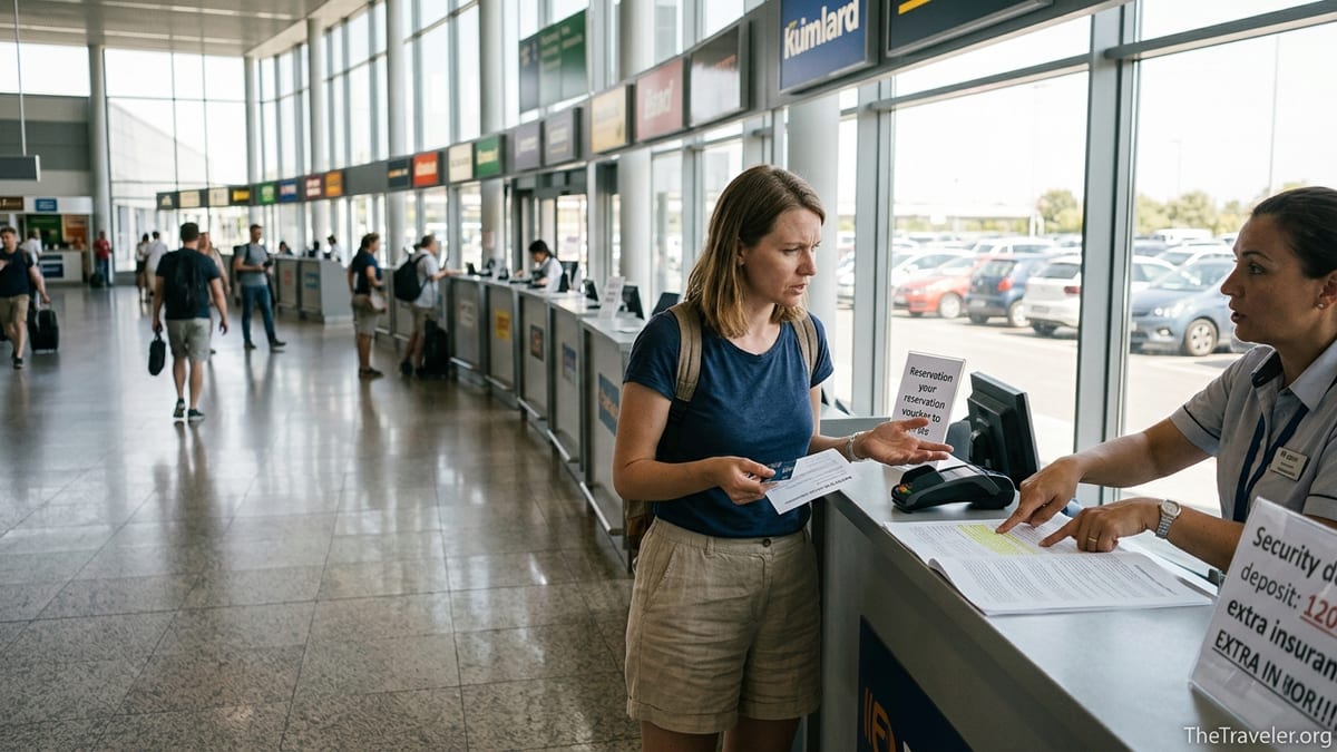 Traveler arguing over unexpected car rental fees at an airport counter.
