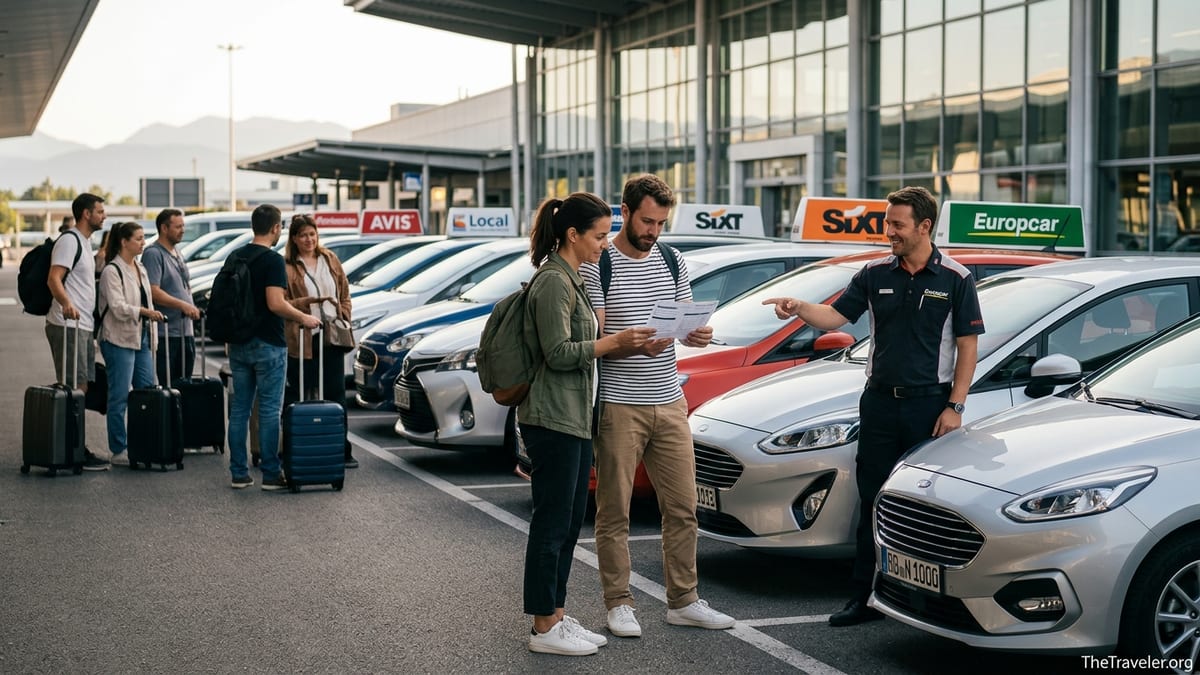 Travelers picking up rental cars outside an airport, reviewing a booking on a phone.