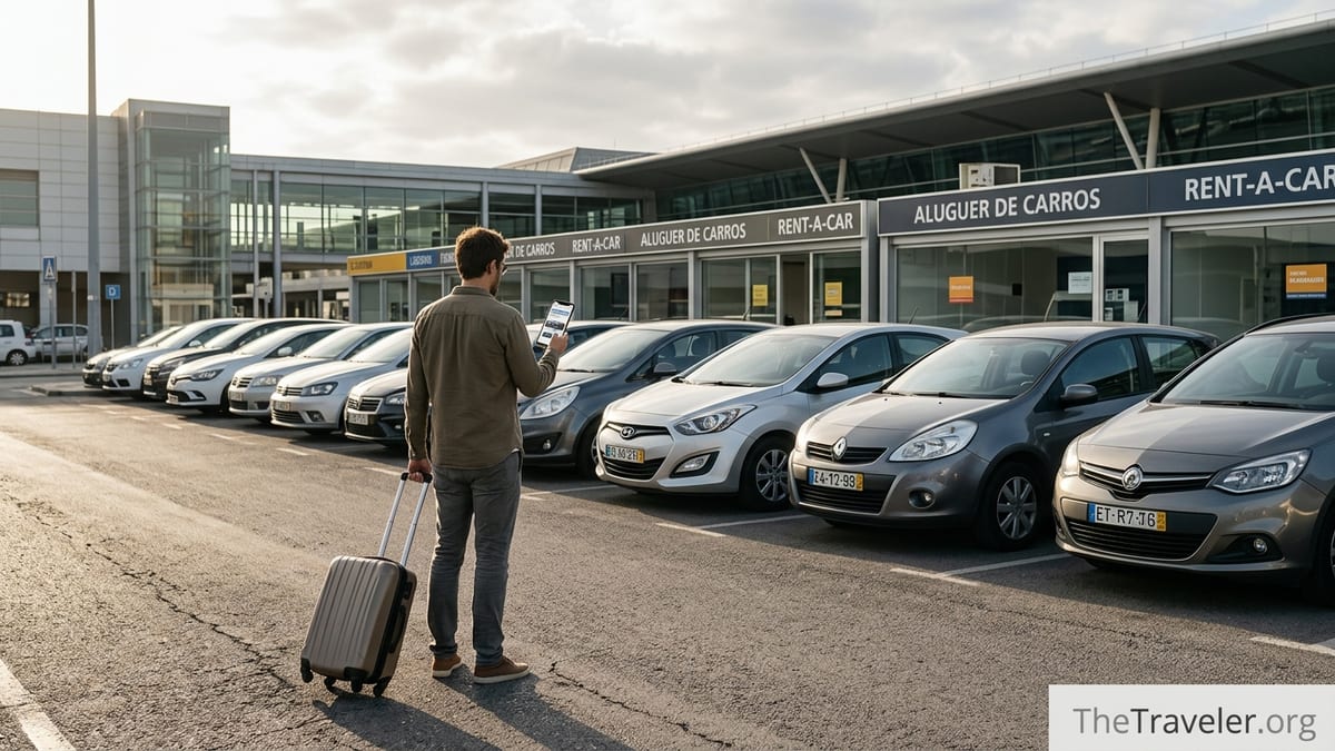 Traveler checking car rental options on a phone in a European airport parking area at sunset.