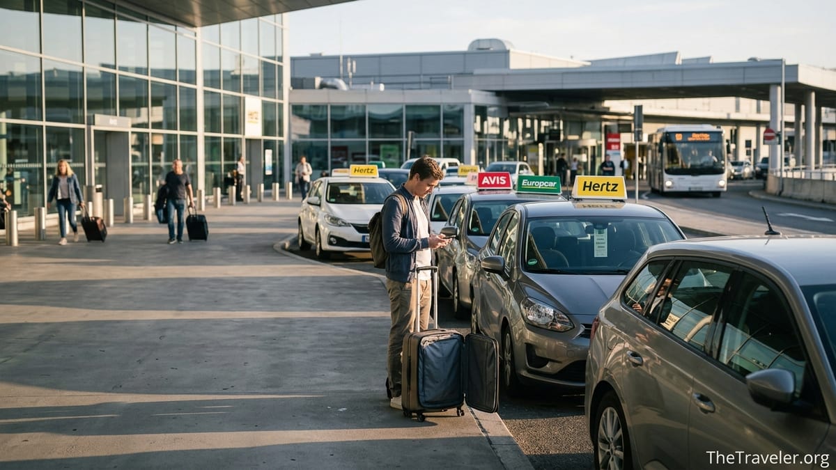 Traveler comparing car rental options on a phone outside an airport rental car center.