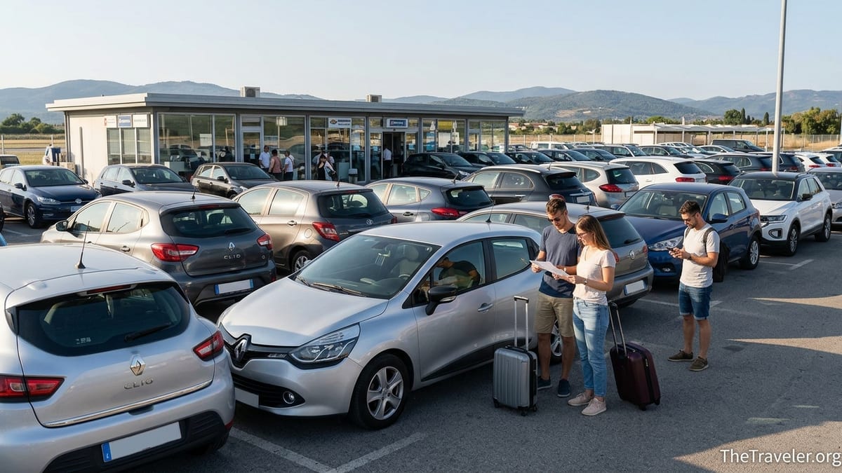 Travelers comparing car rental options in an airport parking lot with multiple vehicles.