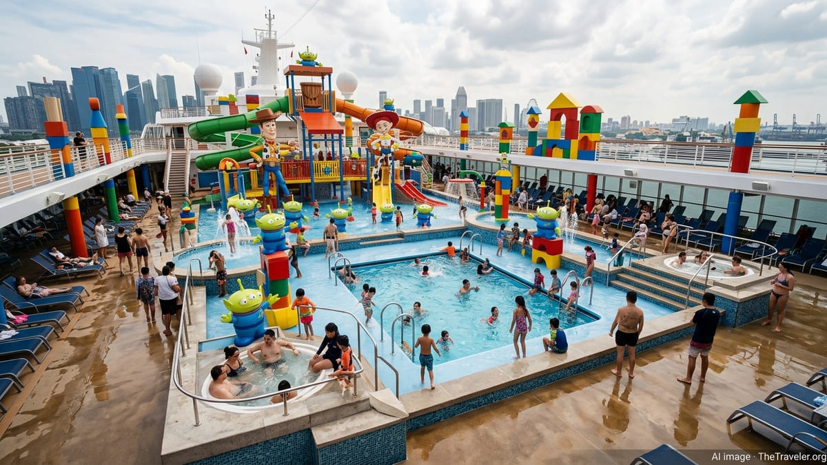 Families play on the Toy Story themed pool deck of Disney Adventure in Singapore.
