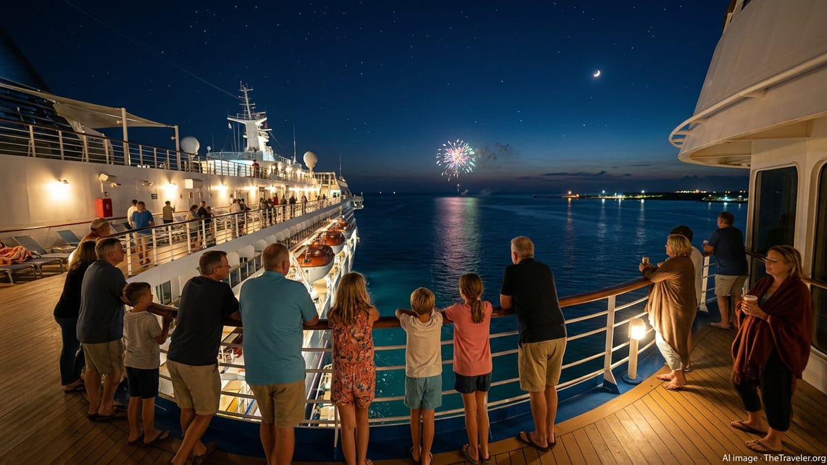 Families watch fireworks from the deck of a Disney-style cruise ship under a clear night sky.