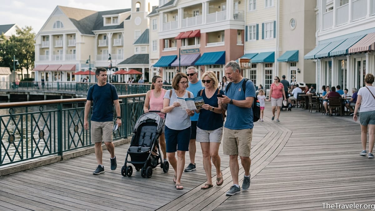 Family walking along Disney’s BoardWalk near DVC villas, discussing vacation plans.