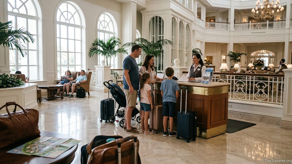 Family discussing Disney Vacation Club costs with a cast member in Grand Floridian lobby