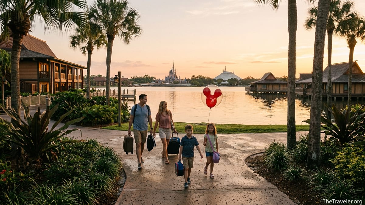 Family walking toward Disney Polynesian Villas at sunrise with lagoon and bungalows in view.