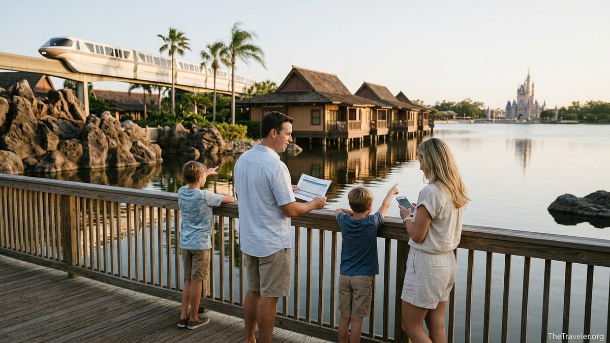 Family reviews Disney Vacation Club point chart at Polynesian Villas overlooking Seven Seas Lagoon.