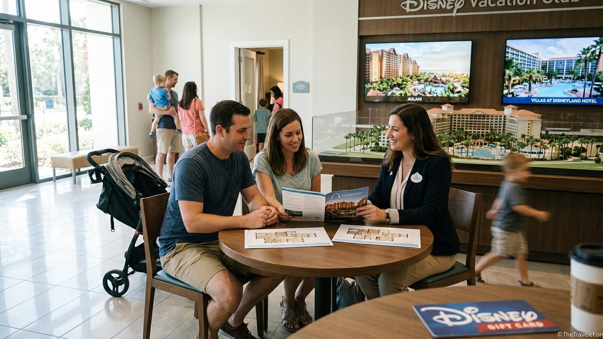 Family meeting with a Disney Vacation Club guide inside a resort preview center.