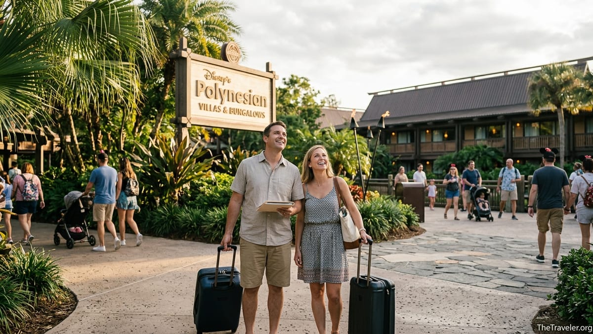 Family with luggage arriving at a Disney Vacation Club resort entrance at Walt Disney World