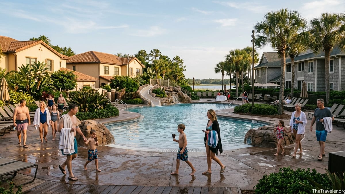 Families enjoying the pool area surrounded by Disney Vacation Club villas at sunset.