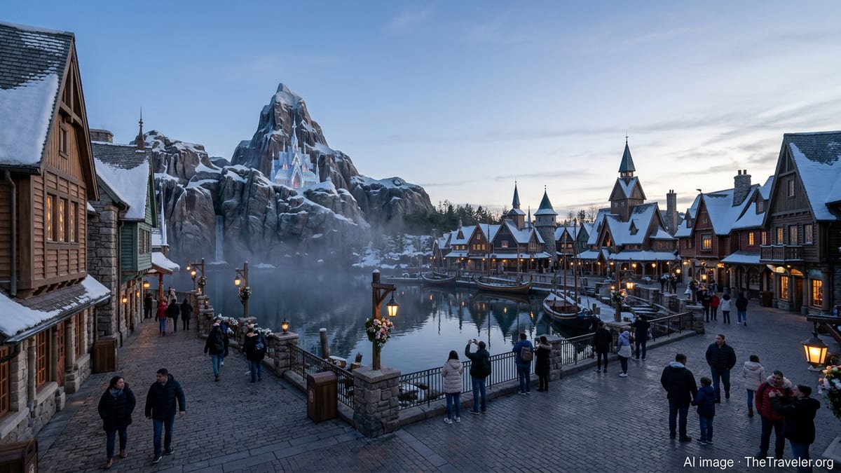 Twilight view of World of Frozen at Disneyland Paris with Arendelle village and Elsa’s mountain above a calm fjord.