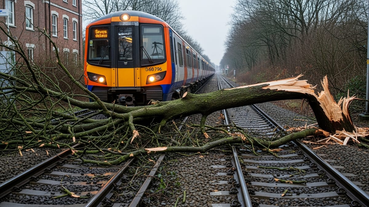 Disrupted London Overground rush hour due to a fallen tree blocking tracks.
