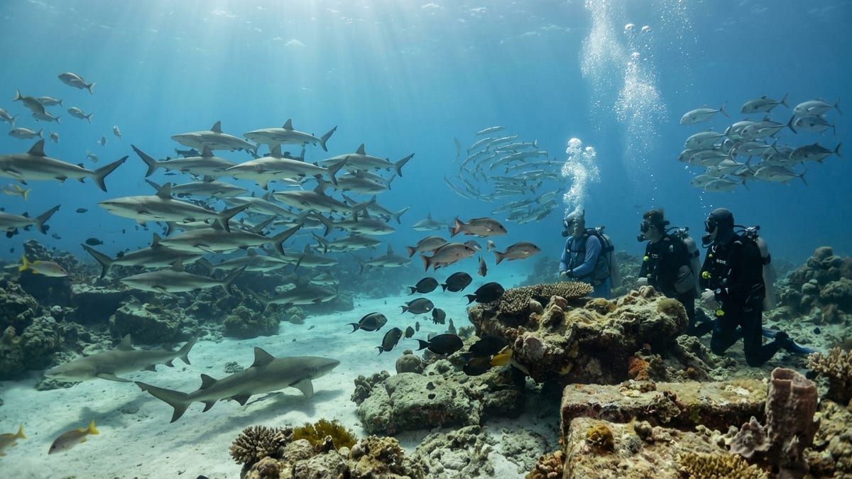 Divers observing a wall of grey reef sharks in Fakarava's South Pass.