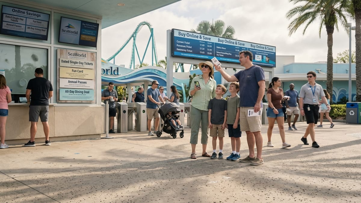 Diverse family examining SeaWorld Orlando's entrance and ticket prices in morning sunlight. 