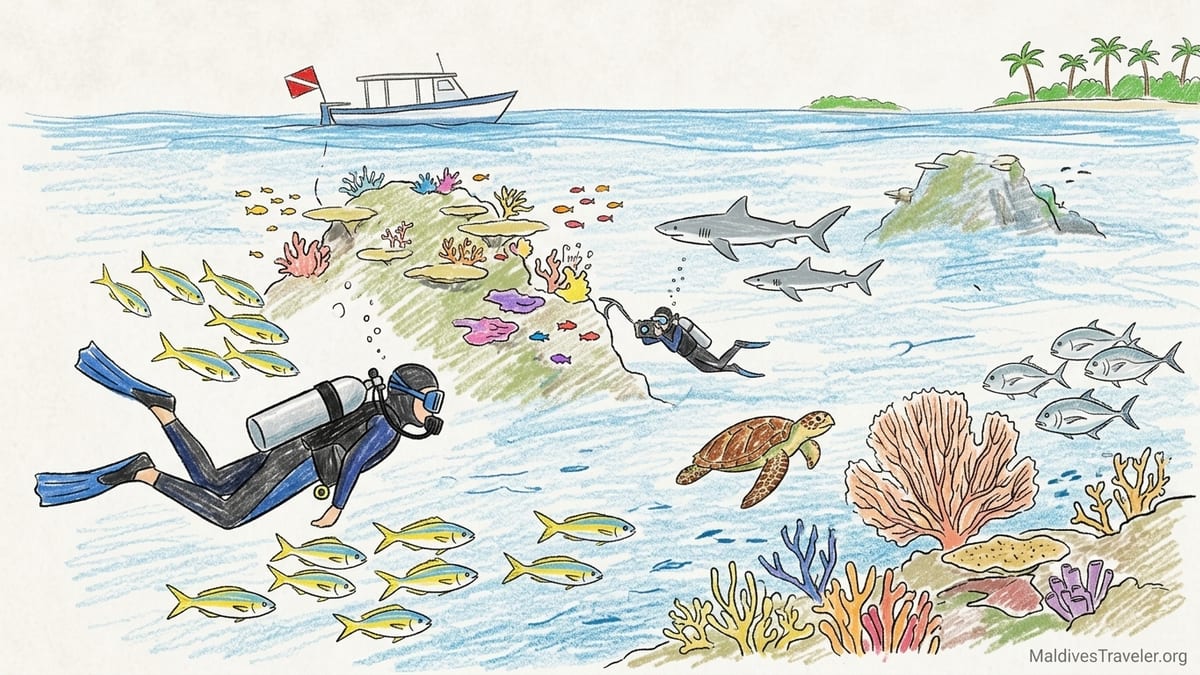 Scuba divers drifting along a coral reef corner in Noonu Atoll with grey reef sharks in the blue.