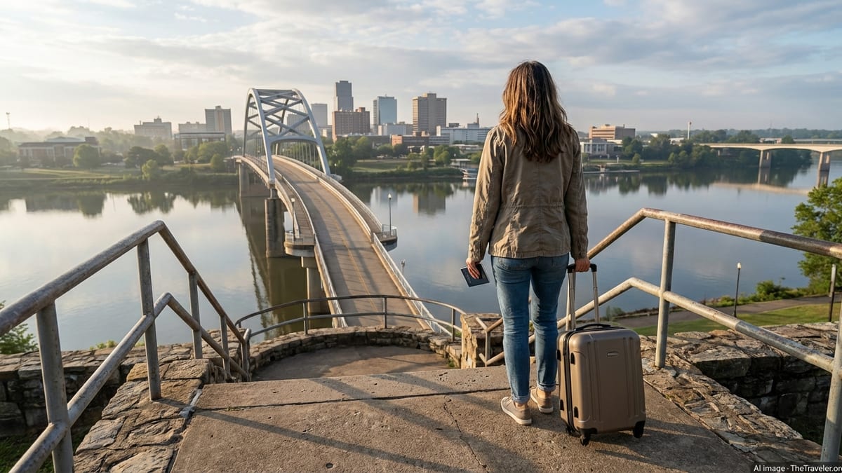 Traveler with suitcase overlooking the Arkansas River and downtown Little Rock at sunrise.