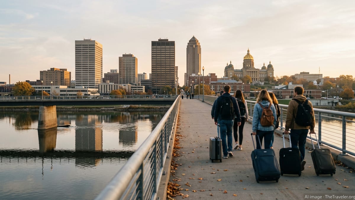 International visitors with luggage walking across a bridge toward downtown Des Moines, Iowa at sunrise.