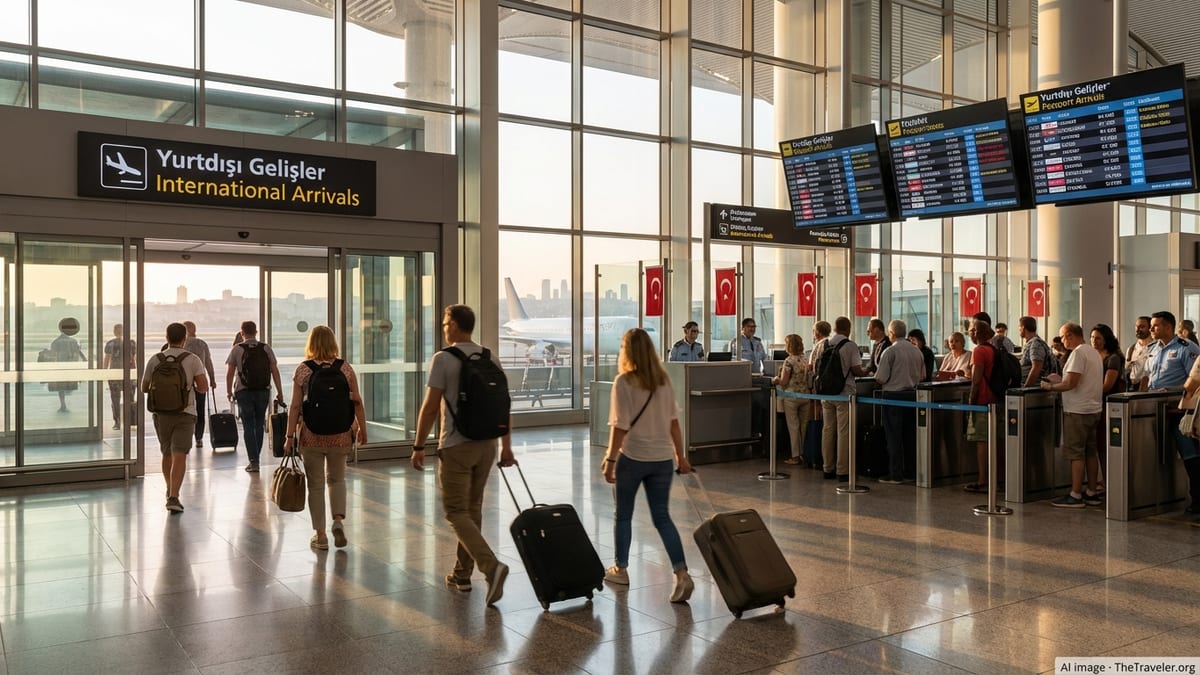 Travelers arrive at Istanbul Airport walking toward Turkish passport control.
