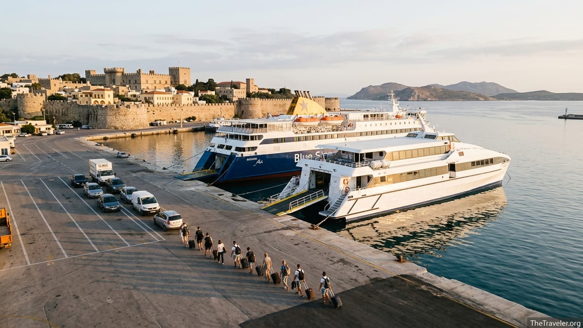 Ferries and passengers at sunrise in Rhodes harbor in the Dodecanese.