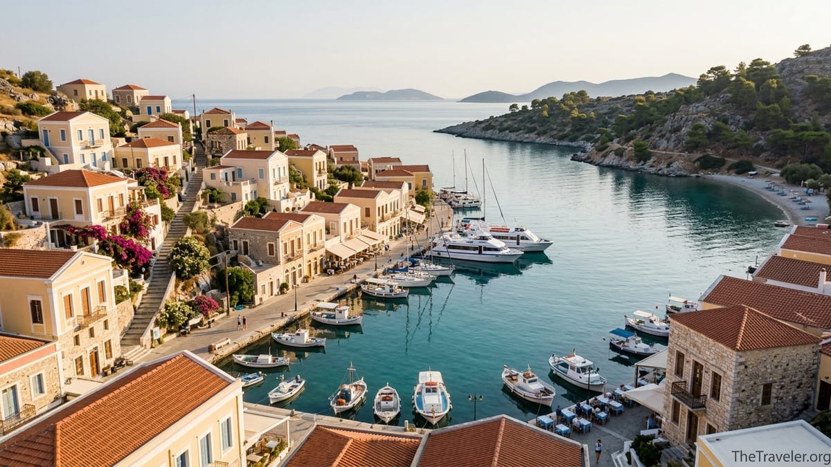 Aerial view of a colorful Dodecanese harbor with boats, pastel houses and clear turquoise water at golden hour.