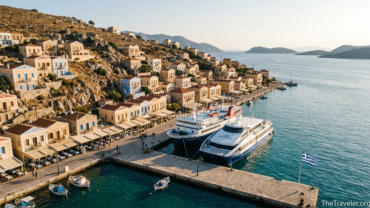 Aerial view of a Dodecanese harbor with ferries and colorful hillside houses.