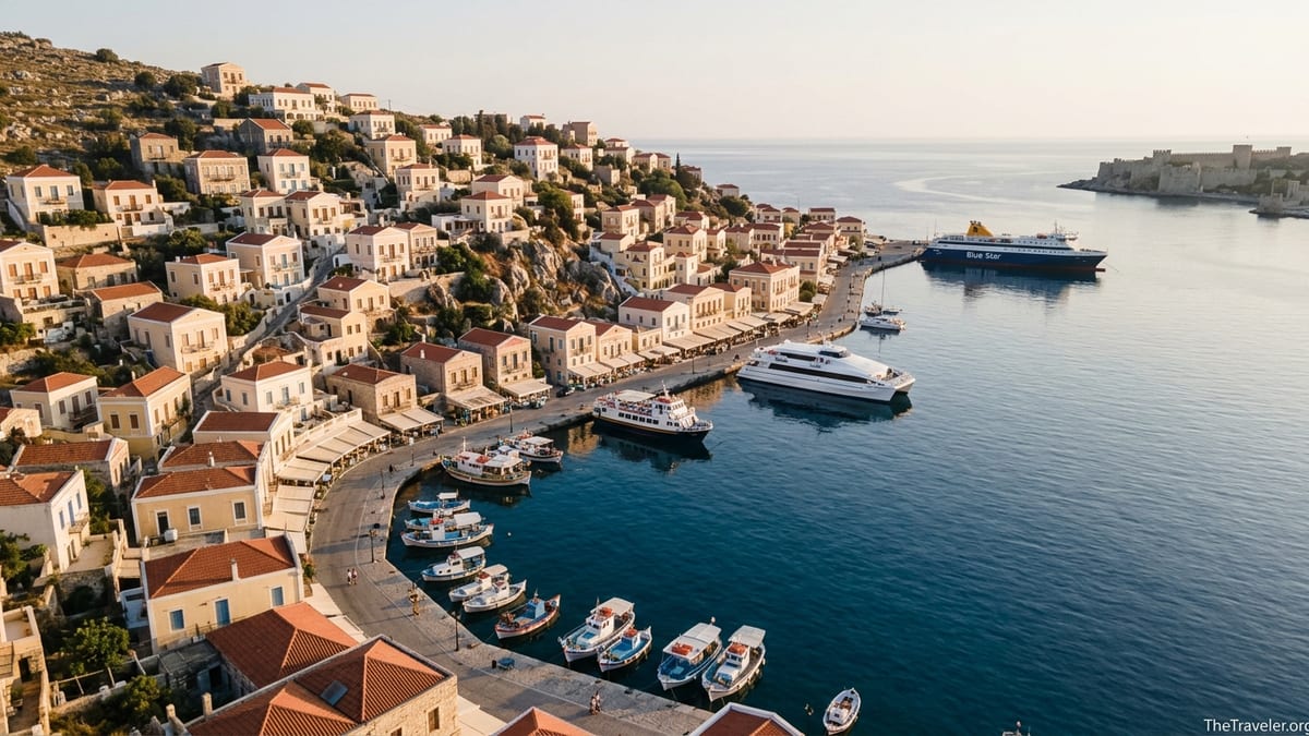 Aerial view of a Dodecanese island harbor with ferries and pastel houses at sunset.
