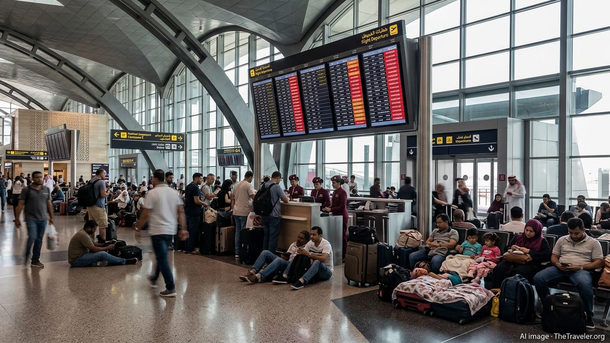 Crowds of stranded passengers sitting with luggage inside Doha’s Hamad International Airport under large departure boards ofc