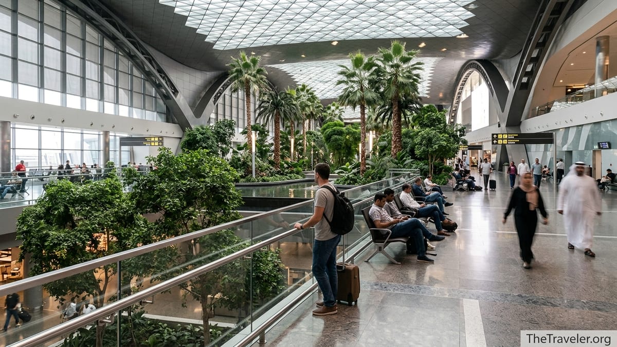 Traveler overlooking The Orchard garden inside Doha Hamad International Airport during an early morning layover.