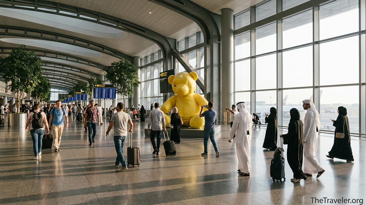 Travelers walking past the Lamp Bear sculpture inside Doha’s Hamad International Airport during an evening layover.