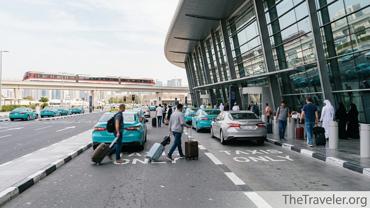 Karwa taxis and passengers outside Hamad International Airport terminal in Doha with a metro train in the background.