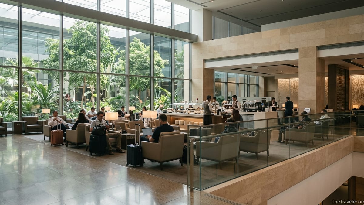Business-class lounge at Doha Hamad Airport overlooking the Orchard indoor garden