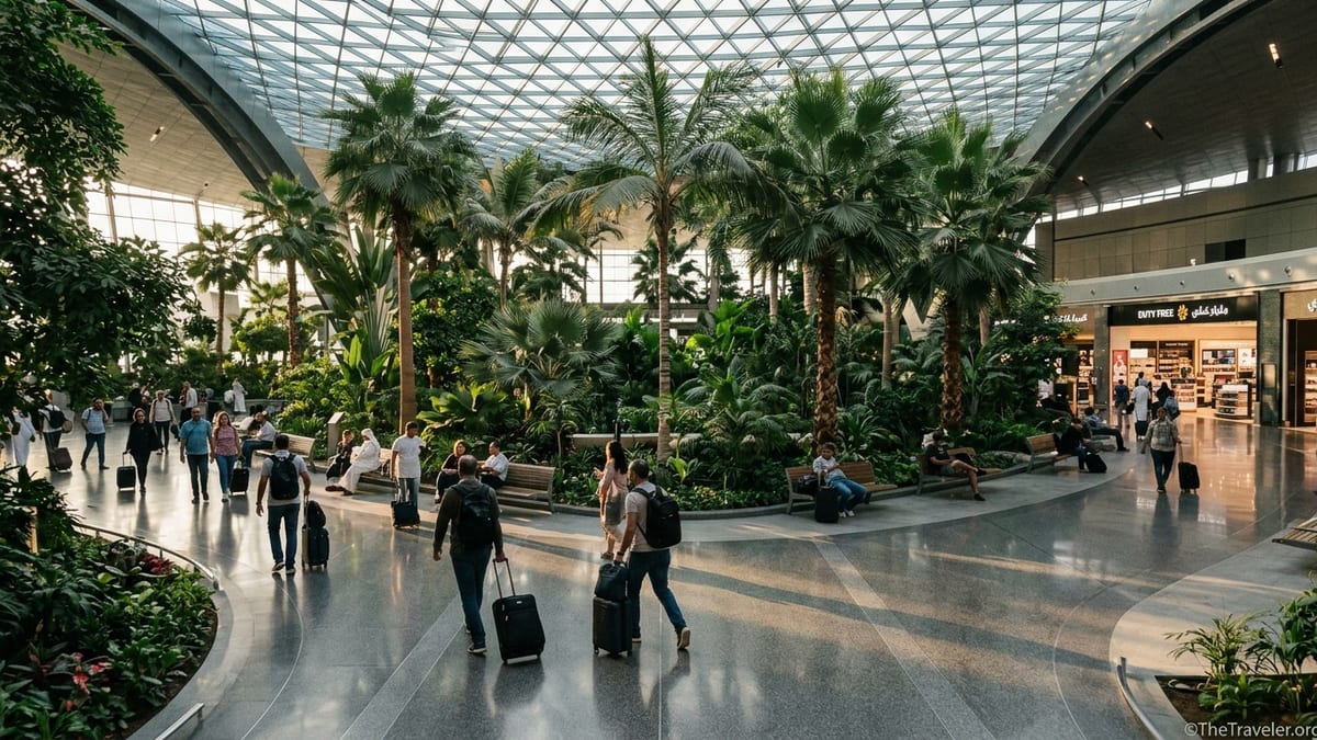 Travelers walking through the Orchard indoor garden at Doha Hamad International Airport.