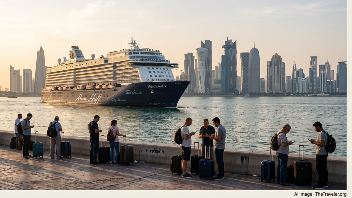 Mein Schiff 5 sits off the Doha skyline as stranded cruise passengers wait with luggage on the waterfront.